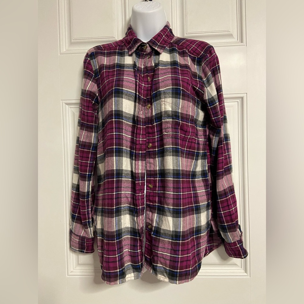 T19a- AMERICAN EAGLE Purple FLANNEL Plaid AHH-MAZINGLY SOFT Button Up Shirt